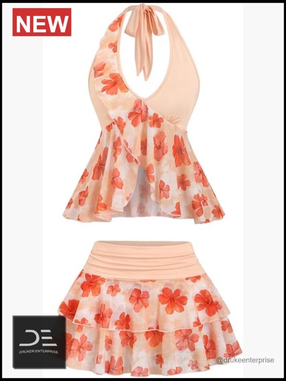 2 Piece Skirt Set Floral Ruffle Halter Top Layered Skirt Beach Vacation Outfits